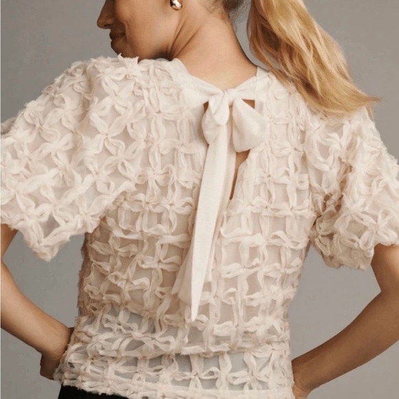 Anthropologie Sarah Hann Ivory Puff-Sleeve Textured Blouse - Picture 3 of 9